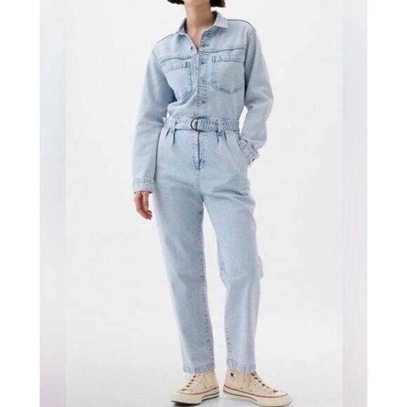 Gap Pants - GAP Sz 4 Long Sleeve Belted Denim Jumpsuit Light Wash Indigo 90s Retro Utility